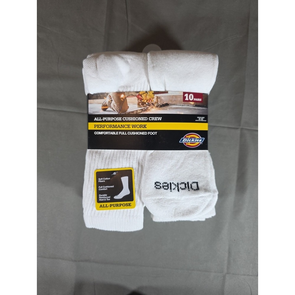 DICKIES Men's All Purpose Cushion Crew Work Socks White Size 6-12 - 10 Pairs